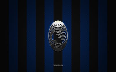 logo atalanta bc, club de football italien, serie a, fond carbone noir bleu, emblème atalanta bc, football, atalanta bc, italie, logo métal argenté atalanta, atalanta