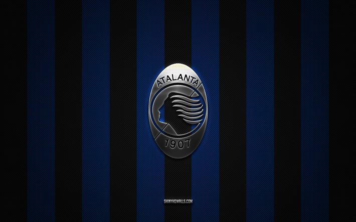 logo atalanta bc, club de football italien, serie a, fond carbone noir bleu, emblème atalanta bc, football, atalanta bc, italie, logo métal argenté atalanta, atalanta