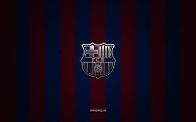 fc barcelona logosu, ispanyol futbol kulübü, uefa şampiyonlar ligi, mavi, kırmızı karbon arka plan, fc barcelona amblemi, futbol, fc barcelona, barca, ispanya, fc barcelona gümüş metal logo, fcb, barcelona fc