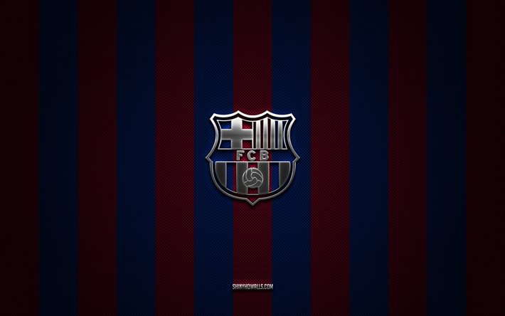 logo dell fc barcelona, squadra di calcio spagnola, la liga, sfondo blu rosso carbonio, emblema dell fc barcelona, calcio, fc barcelona, barca, spagna, logo in metallo argentato dell fc barcelona, fcb, barcelona fc