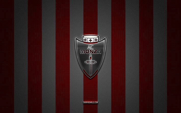AC Monza logo, Italian football club, Serie A, red white carbon background, AC Monza emblem, football, AC Monza, Italy, AC Monza silver metal logo