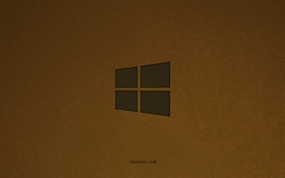 윈도우 10 로고, 4k, 컴퓨터 로고, 윈도우 10 엠블럼, 윈도우 로고, 갈색 돌 질감, 윈도우 10, 기술 브랜드, 윈도우 10 사인, 갈색 돌 배경, 창
