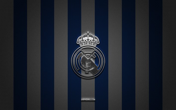 logo del real madrid, squadra di calcio spagnola, la liga, sfondo blu carbone bianco, emblema del real madrid, calcio, real madrid, spagna, real madrid cf, logo in metallo argentato del real madrid, real madrid fc