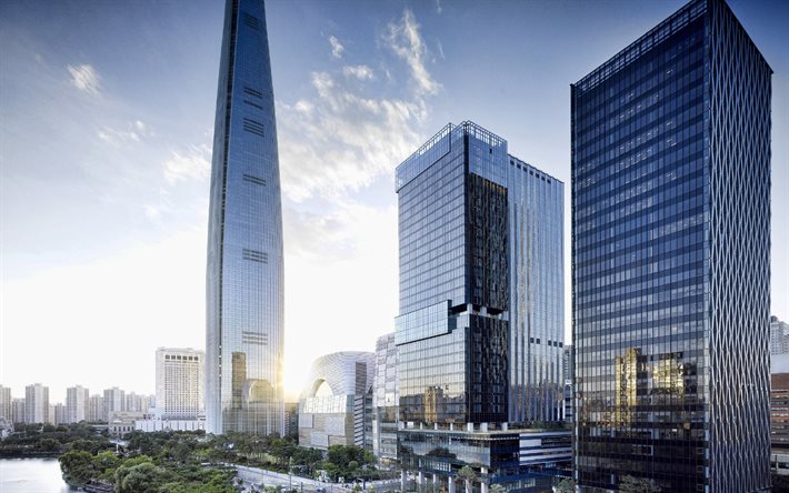 lotte world tower, seoul, 4k, edifici moderni, complesso lotte world, sera, tramonto, paesaggio urbano di seoul, corea del sud