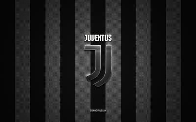 Juventus FC logo, Italian football club, Serie A, black white carbon background, Juventus FC emblem, football, Juventus FC, Italy, Juventus silver metal logo