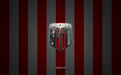 logotipo del atlético de madrid, club de fútbol español, la liga, fondo de carbono blanco rojo, emblema del atlético de madrid, fútbol, atlético de madrid, españa, logotipo de metal plateado del atlético de madrid, atlético de madrid fc
