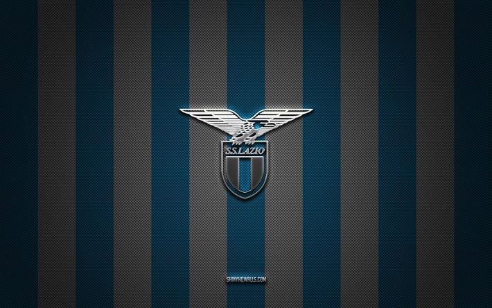 logotipo de ss lazio, club de fútbol italiano, serie a, lazio, fondo de carbono blanco azul, emblema de ss lazio, fútbol, ss lazio, italia, logotipo de metal plateado de ss lazio