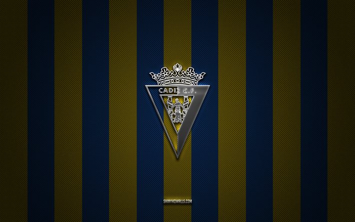 Cadiz CF logo, Spanish football club, La Liga, blue yellow carbon background, Cadiz CF emblem, football, Cadiz CF, Spain, Cadiz CF silver metal logo, Cadiz FC