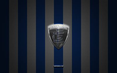logotipo del empoli fc, club de fútbol italiano, serie a, fondo de carbono blanco azul, emblema del empoli fc, fútbol, empoli fc, italia, logotipo de metal plateado del empoli fc