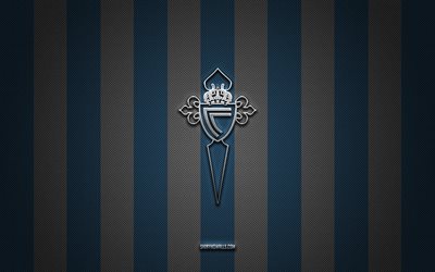 logotipo del rc celta vigo, club de fútbol español, la liga, fondo de carbono blanco azul, emblema del rc celta vigo, fútbol, rc celta vigo, españa, logotipo de metal plateado del rc celta vigo, rc celta, celta vigo fc