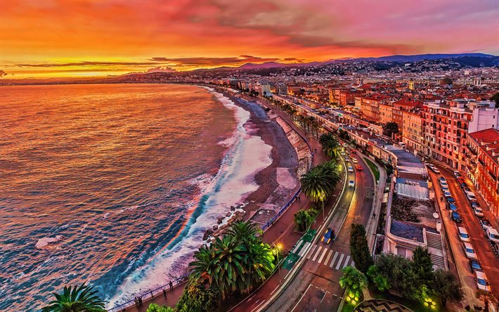 4k, niza, tarde, puesta de sol, costa, bonitas playas, mediterráneo, bonito panorama, vista aérea, bonito paisaje urbano, francia