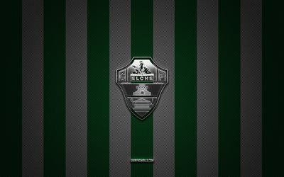 logotipo de elche cf, club de fútbol español, la liga, fondo de carbono blanco verde, emblema de elche cf, fútbol, elche cf, españa, logotipo de metal plateado de elche cf, elche fc