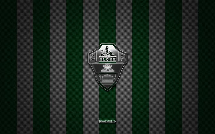 logotipo de elche cf, club de fútbol español, la liga, fondo de carbono blanco verde, emblema de elche cf, fútbol, elche cf, españa, logotipo de metal plateado de elche cf, elche fc