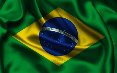 브라질 국기, 4k, 남미 국가, 새틴 플래그, 브라질의 국기, 브라질의 날, 물결 모양의 새틴 플래그, 브라질 국가 상징, 남아메리카, 브라질