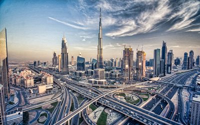 두바이, 4k, 저녁, 부르 즈 칼리파, 칼리파 타워, 두바이 도시 풍경, 두바이 스카이 라인, 조감도, 두바이 파노라마, 현대적인 건물, 고층 빌딩, 일몰, 두바이 여행, 버즈 두바이, uae