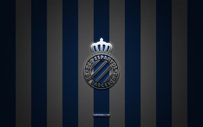 logo dell rcd espanyol, squadra di calcio spagnola, la liga, sfondo blu carbone bianco, emblema dell rcd espanyol, calcio, rcd espanyol, spagna, logo in metallo argentato dell rcd espanyol, espanyol fc