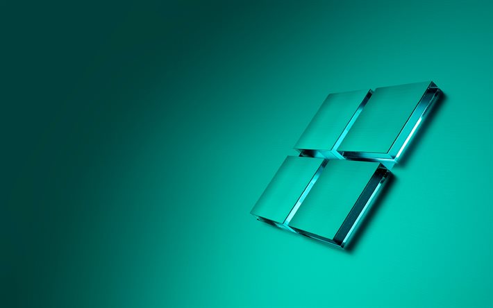 4k, turquoise logo windows en verre, fond turquoise, emblème windows, logo windows, logo windows 3d, système d exploitation, windows, art du verre