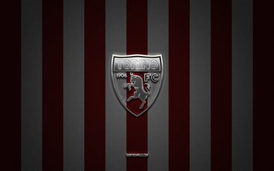 logotipo del torino fc, club de fútbol italiano, serie a, fondo de carbono blanco burdeos, emblema del torino fc, fútbol, torino fc, italia, logotipo de metal plateado del torino fc