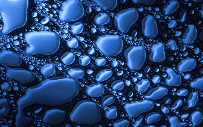 blue water drops, 4k, macro, water drops patterns, water drops textures, blue backgrounds, water drops, background with drops