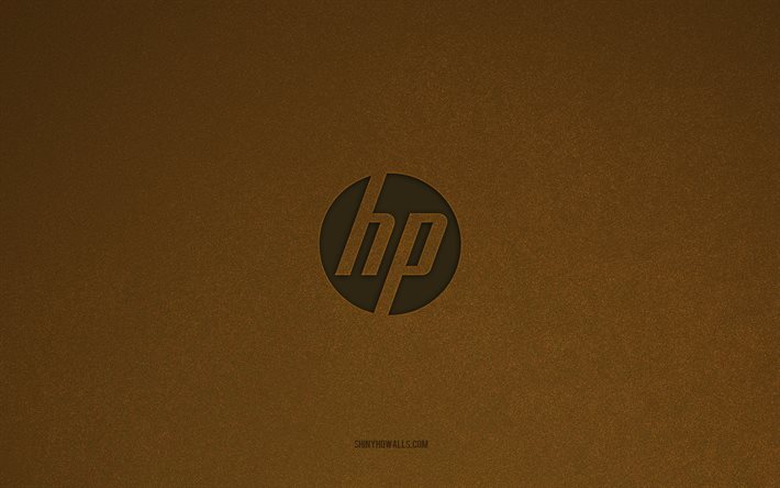 HP logo, 4k, computer logos, HP emblem, brown stone texture, HP, technology brands, HP sign, brown stone background, Hewlett-Packard