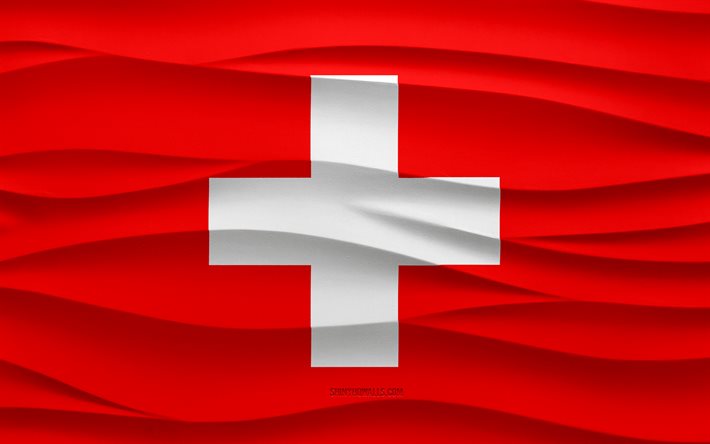 4k, Flag of Switzerland, 3d waves plaster background, Switzerland flag, 3d waves texture, Swiss national symbols, Day of Switzerland, European countries, 3d Switzerland flag, Switzerland, Europe