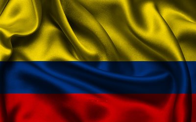 콜롬비아 국기, 4k, 남미 국가, 새틴 플래그, 콜롬비아의 국기, 콜롬비아의 날, 물결 모양의 새틴 플래그, 콜롬비아 국가 상징, 남아메리카, 콜롬비아