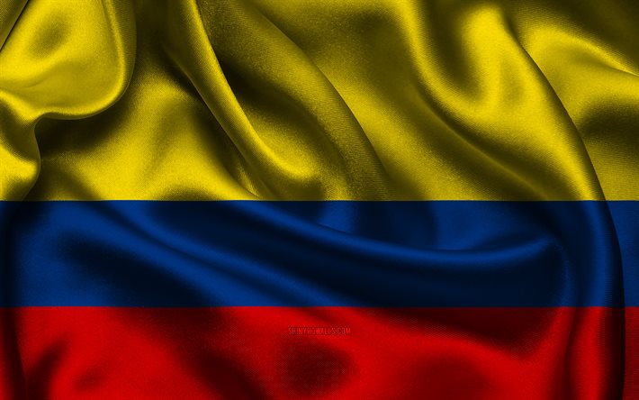 علم كولومبيا, 4k, دول أمريكا الجنوبية, أعلام الساتان, يوم كولومبيا, أعلام الساتان المتموجة, العلم الكولومبي, الرموز الوطنية الكولومبية, أمريكا الجنوبية, كولومبيا