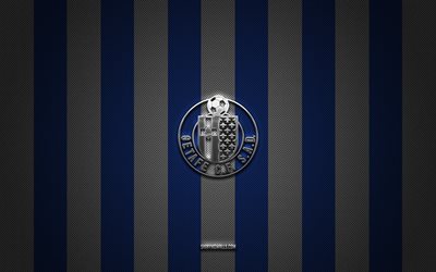 logo del getafe cf, squadra di calcio spagnola, la liga, sfondo bianco blu di carbonio, emblema del getafe cf, calcio, getafe cf, spagna, logo in metallo argento del getafe cf, getafe fc