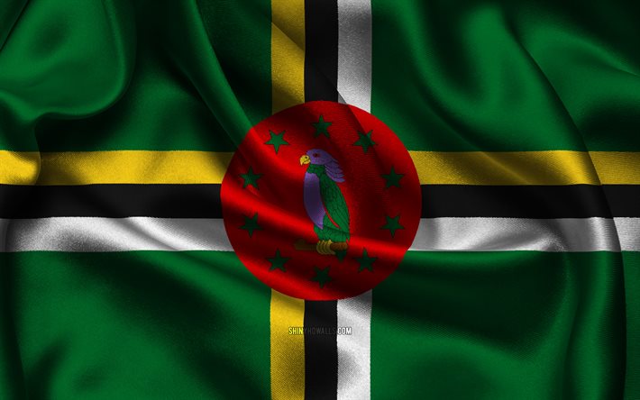 drapeau de la dominique, 4k, les pays d amérique du nord, les drapeaux de satin, le drapeau de la dominique, le jour de la dominique, les drapeaux ondulés de satin, le drapeau dominicain, les symboles nationaux dominicains, l amérique du nord, la dominique