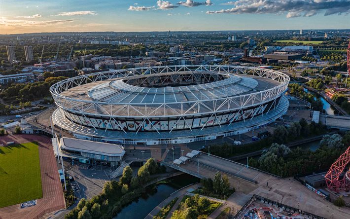 London Stadium, 4k, Olympic Stadium, aerial view, evening, sunset, Queen Elizabeth Olympic Park, London, West Ham United Stadium, Premier League, England, football stadium