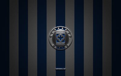 cruz azul logo, mexikanischer fußballverein, liga mx, blue white carbon hintergrund, cruz azul emblem, fußball, cruz azul, mexiko, cruz azul silver metal logo