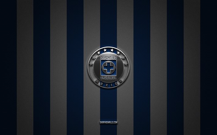 cruz azul logo, mexikanischer fußballverein, liga mx, blue white carbon hintergrund, cruz azul emblem, fußball, cruz azul, mexiko, cruz azul silver metal logo
