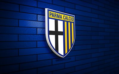 Parma Calcio 1913 3D logo, 4K, blue brickwall, Serie A, soccer, italian football club, Parma Calcio 1913 logo, Parma Calcio 1913 emblem, football, Parma Calcio 1913, sports logo, Parma FC