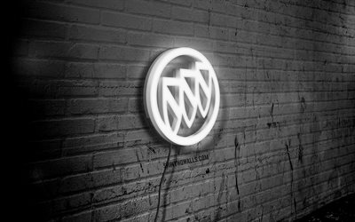 Buick neon logo, 4k, black brickwall, grunge art, creative, games brands, logo on wire, Buick white logo, Buick logo, artwork, Buick