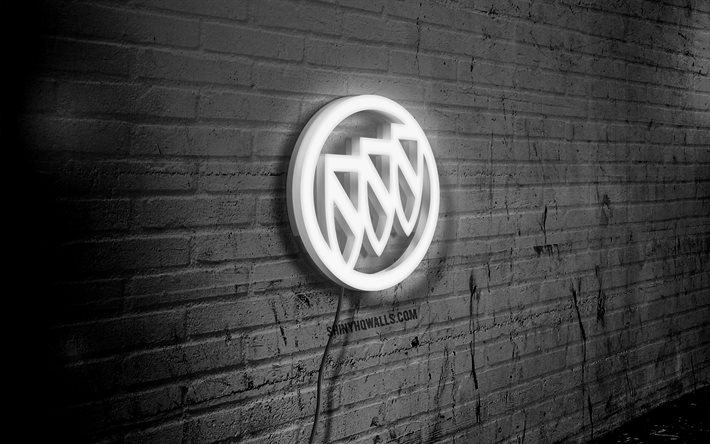 buick neon logosu, 4k, black brickwall, grunge sanat, yaratıcı, oyun markaları, telde logo, buick beyaz logo, buick logo, sanat, buick