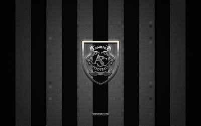 logotipo de amiens sc, french football club, ligue 2, fondo de carbono negro blanco, emblema de amiens sc, fútbol, ​​amiens sc, francia, amiens sc silver metal logo