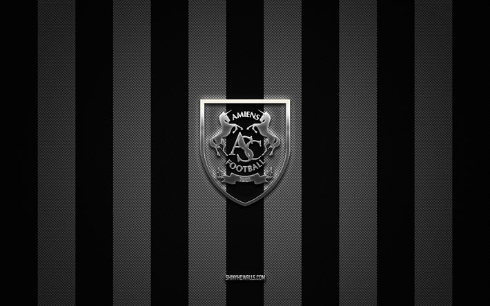 amiens sc logo, french football club, ligue 2, weißer schwarzer kohlenstoffhintergrund, amiens sc emblem, fußball, amiens sc, frankreich, amiens sc silver metal logo