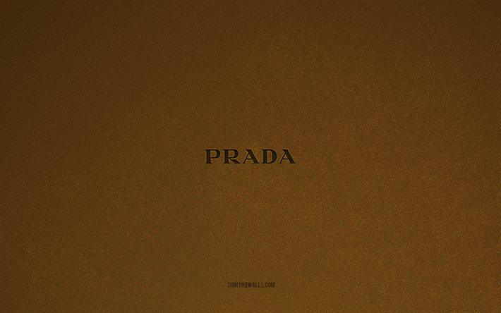 프라다 로고, 4k, 제조업체 로고, 프라다 엠블럼, 갈색 돌 질감, 프라다, 인기있는 브랜드, 프라다 사인, 브라운 스톤 배경