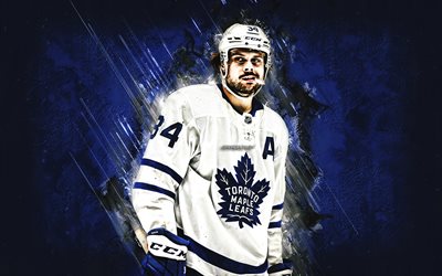 Auston Matthews, Toronto Maple Leafs, NHL, American hockey player, blue stone background, hockey, USA