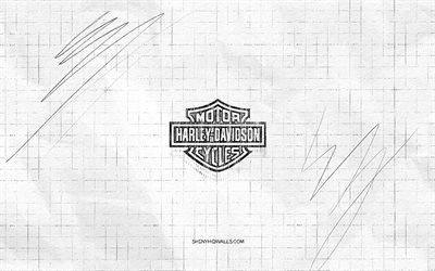 harley-davidsonスケッチロゴ, 4k, 市松模様の紙の背景, ハーレーダビッドソンブラックロゴ, オートバイブランド, ロゴスケッチ, harley-davidsonロゴ, 鉛筆の描画, ハーレーダビッドソン
