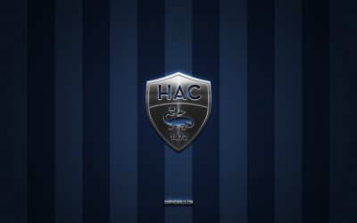 logo le havre ac, club de footballon français, ligue 2, blue carbon background, le havre ac emblem, football, le havre ac, france, le havre ac silver metal logo