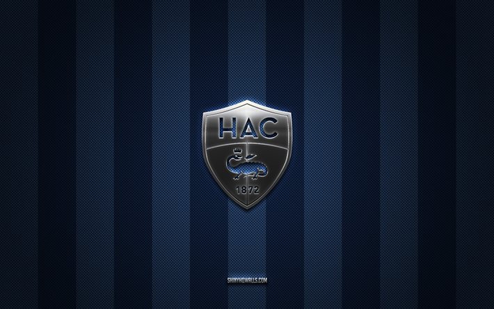 Le Havre AC logo, French football club, Ligue 2, blue carbon background, Le Havre AC emblem, football, Le Havre AC, France, Le Havre AC silver metal logo