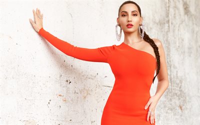 nora fatehi, actrice canadienne, séance photo, robe orange, actrices populaires, bollywood, star canadienne