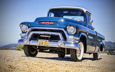 portadora suburbana de gmc 100, 4k, carros retrô, carros de 1956, picape azul, transportadora suburbana de 1956 gmc 100, oldsmobiles, carros americanos, gmc
