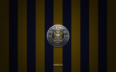 pau fc logosu, fransız futbol kulübü, ligue 2, mavi sarı karbon arka plan, pau fc amblemi, futbol, ​​pau fc, fransa, pau fc silver metal logosu