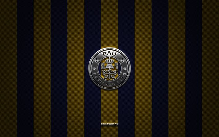 logotipo pau fc, clube de futebol francês, ligue 2, fundo azul de carbono amarelo, emblema pau fc, futebol, pau fc, frança, logotipo de metal de prata pau fc