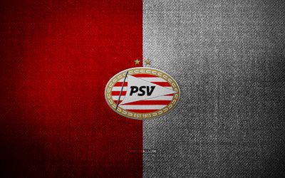 PSV Eindhoven badge, 4k, red white fabric background, Eredivisie, PSV Eindhoven logo, PSV Eindhoven emblem, sports logo, dutch football club, PSV Eindhoven, PSV, soccer, football, PSV Eindhoven FC, PSV logo