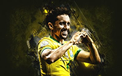 Marquinhos, Brazil National Football Team, Brazilian Football Player, Portrait, Brazil, Yellow Stone Background, Football, Marcos Aoas Correa