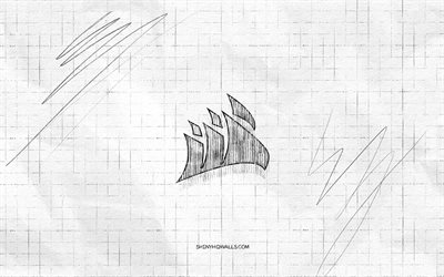 corsair sketch logo, 4k, fond de papier à carreaux, logo noir corsair, marques, croquis de logo, logo corsair, dessin au crayon, corsair