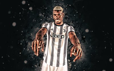 Paul Pogba, 4k, white neon lights, Juventus FC, soccer, Serie A, french footballers, Paul Pogba 4K, black abstract background, football, Juve, Paul Pogba Juventus FC